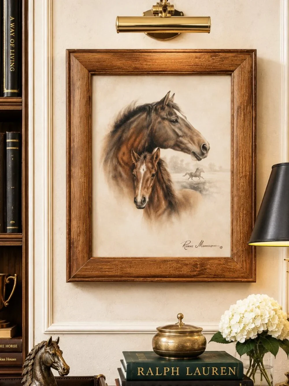 Vintage Signed Ruane Manning Horse & Colt Wooden Framed Art Print